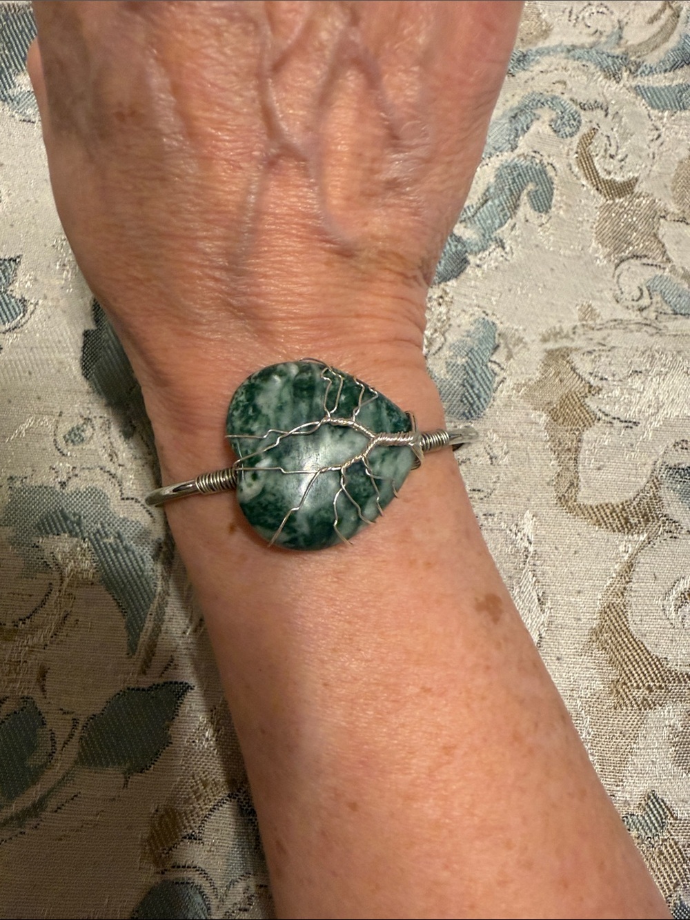 Handmade Green Jasper Wire-Wrap Bangle Bracelet